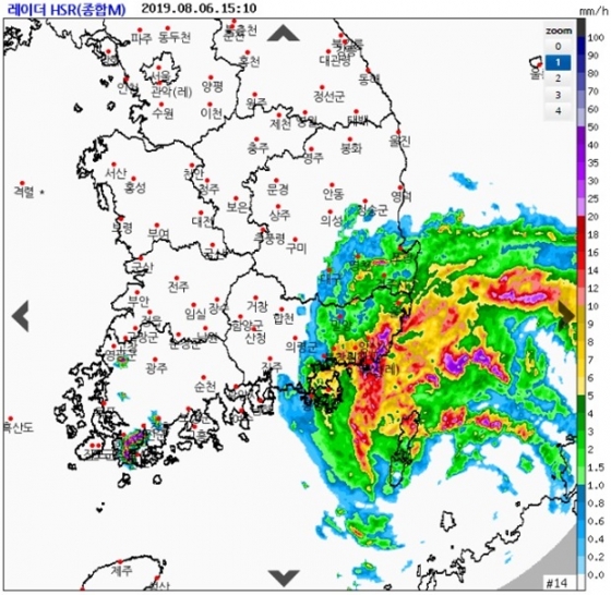 6일 오후 3시 10분 기준 레이더 사진. 제8호 태풍 프란시스코가 창원 지역에 걸쳐 있으며 계속 북서진 중이다. /사진=기상청 캡쳐