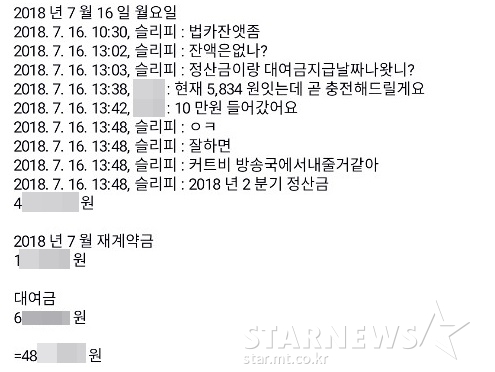 래퍼 슬리피와 TS엔터테인먼트 정산 담당자가 지난 2018년 7월 16일 주고받은 카카오톡 대화 내용 /사진=스타뉴스