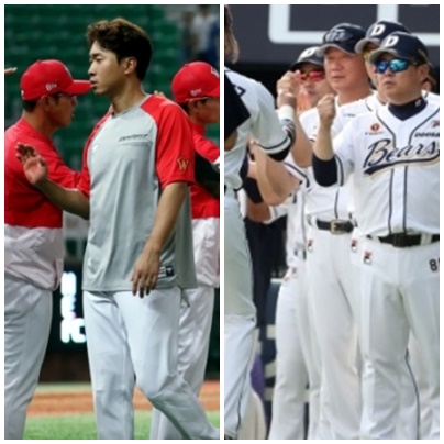 SK(왼쪽)-두산 선수단.  /사진=뉴스1