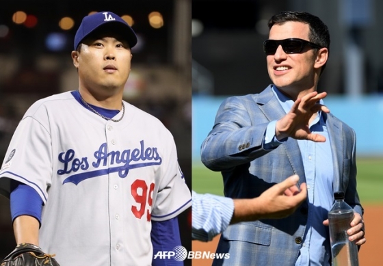 LA 다저스 류현진(좌)과 앤드류 프리드먼 야구부문 사장. /AFPBBNews=뉴스1