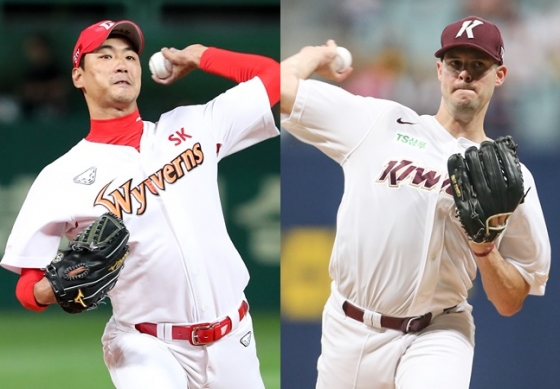 PO 1차전에서 나란히 무실점 호투한 SK 김광현(왼쪽)과 키움 브리검. /사진=SK, 키움 제공