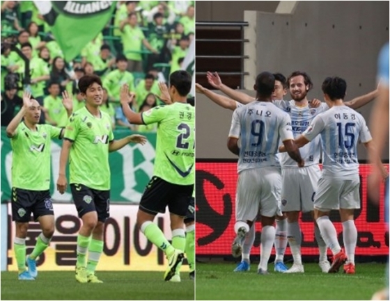 20일 열린 경기서 나란히 승리를 거둔 전북(왼쪽)과 울산 선수들. /사진=한국프로축구연맹 제공