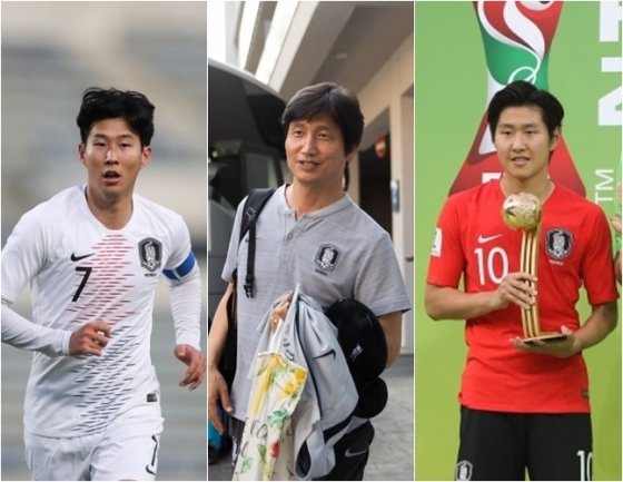 손흥민(왼쪽부터), 정정용, 이강인. /사진=대한축구협회 제공