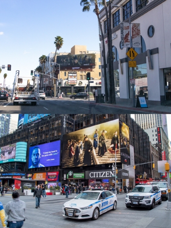 미국 LA 할리우드의 선셋 블러바드,뉴욕의 타임스퀘어 등에 소개된 \'킹덤2\' 옥외 광고./사진제공=넷플릭스 