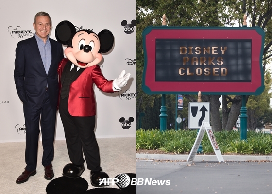 밥 아이거 디즈니 의장(왼쪽),코로나19로 문닫은 디즈니랜드 / 사진=AFPBBNews뉴스1