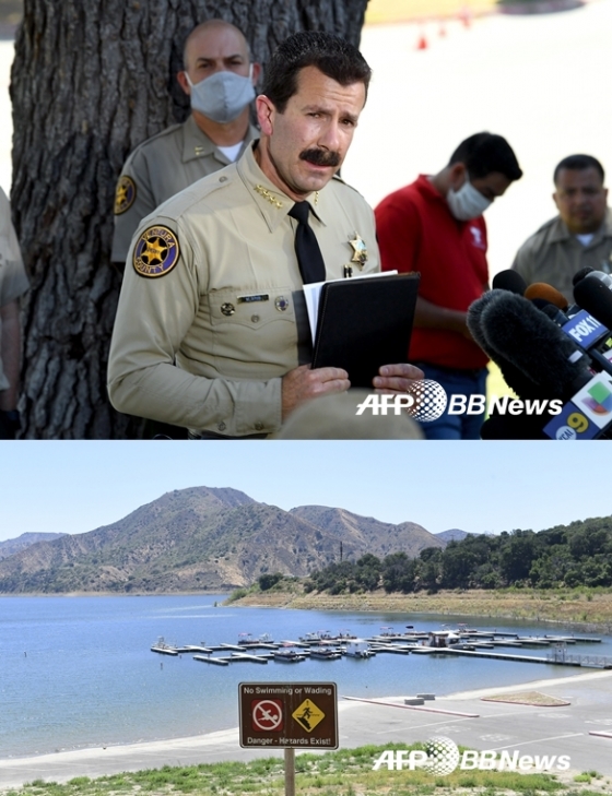 나야 리베라 시신을 발견했다고 브리핑 중인 경찰(위), 나야 리베라의 시신이 발견 된 미국 캘리포니아 피루 호수 / 사진=AFPBBNews뉴스1