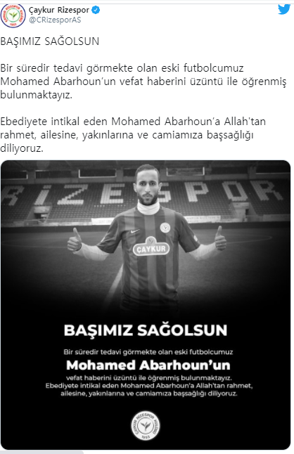 아바르훈의 마지막 팀이었던 터키 리제스포르가 그의 사망 소식에 깊은 애도를 표했다. /사진=리제스포르 구단 공식 SNS