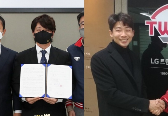SK 김성현(왼쪽)과 LG 김용의. 2021년 FA 시장 1호와 2호 계약자들이다. /사진=SK.LG 제공