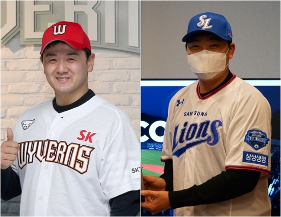 지난 11일 SK 유니폼을 입은 최주환(왼쪽)과 14일 삼성으로 이적한 오재일의 모습. /사진=SK, 삼성 제공