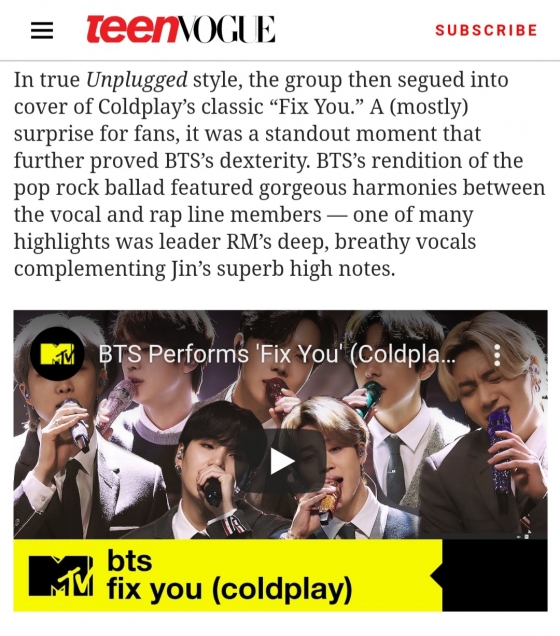 BTS Performed New “BE” Songs, Coldplay’s “Fix You” on MTV Unplugged /사진=Teen Vogue