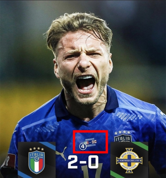 대한축구협회가 일장기 논란을 해명하면서 예시로 든 사진. 이탈리아 축구 유니폼에도 이탈리아와 룩셈부르크 국기가 새겨져 있다. /사진=대한축구협회