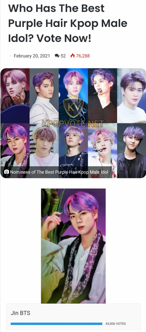 The Best Purple Hair' 방탄소년단 진, '최고의 보라색 머리 K팝 男아이돌' 1위 - 스타뉴스 The Best Purple Hair' 방탄소년단 진, '최고의 보라색 머리 K팝 男아이돌' 1위 - 스타뉴스