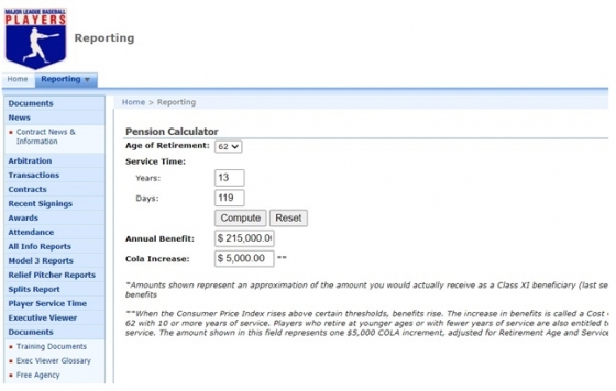메이저리그 연금 계산기.   /사진=MLB 선수협회 홈페이지 캡처