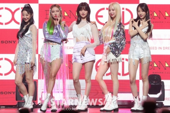 그룹 EXID가 15일 오후 서울 용산구 한남동 블루스퀘어에서 열린 다섯 번째 미니앨범 '위(WE)' 발매 기념 쇼케이스에서 포즈를 취하고 있다. /사진=김휘선 기자 hwijpg@