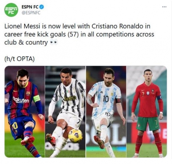 메시가 프리킥 골에서 호날두와 동률을 이뤘다./사진=ESPN FC 트위터
