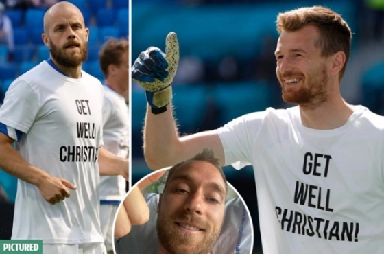 핀란드 축구대표팀 선수들이 에릭센의 회복을 기원하는 문구가 써 있는 티셔츠를 입었다./사진=영국 더 선