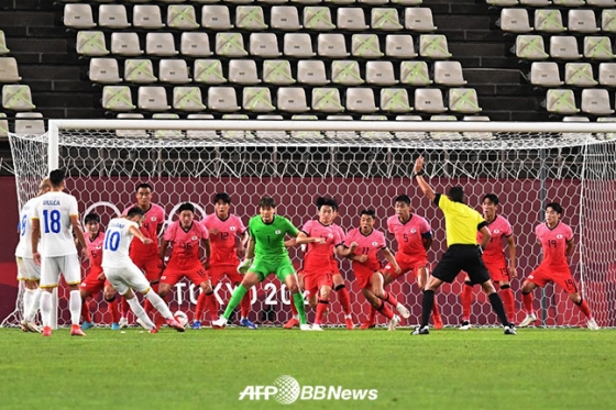 25일 일본 이바라키 가시마 스타디움에서 열린 루마니아와 도쿄올림픽 남자축구 조별리그 B조 2차전에서 간접 프리킥 수비를 하고 있는 한국 선수들. /AFPBBNews=뉴스1