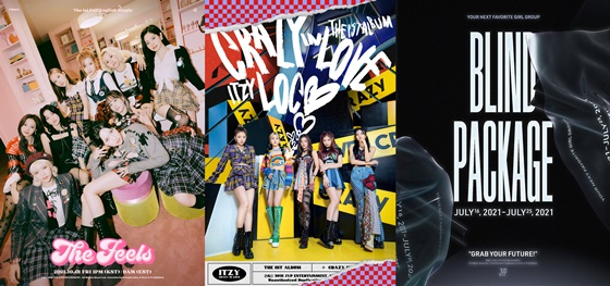 (왼쪽부터)트와이스, ITZY, 신인 걸그룹 블라인드 패키지 포스터 /사진제공=JYP엔터테인먼트