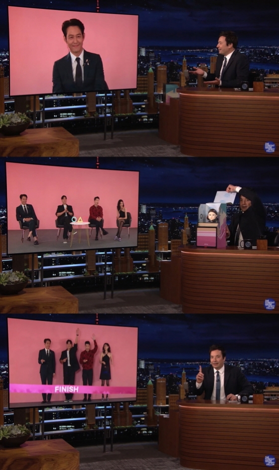 이정재 등 '오징어게임' 주연배우들이 미국 NBC '지미 팰런쇼'에 출연하는 모습