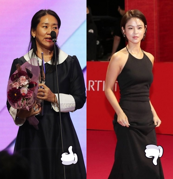 &#039;모가디슈&#039;가 부일영화상에서 작품상을 비롯해 6관왕에 올라 제작사 외유내강 강혜정 대표가 수상소감을 밝히고 있는 모습. 반면 학폭 논란으로 활동을 중단했던 심은우는 이번 부산국제영화제를 통해 활동을 재개한다./사진=부일영화상 제공, 김창현 기자. 