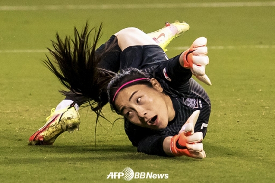 대한민국 여자축구대표팀 골키퍼 윤영글이 22일 미국에서 열린 피파랭킹 1위 미국과의 원정 평가전에서 상대 슈팅을 쳐내는 모습. /AFPBBNews=뉴스1