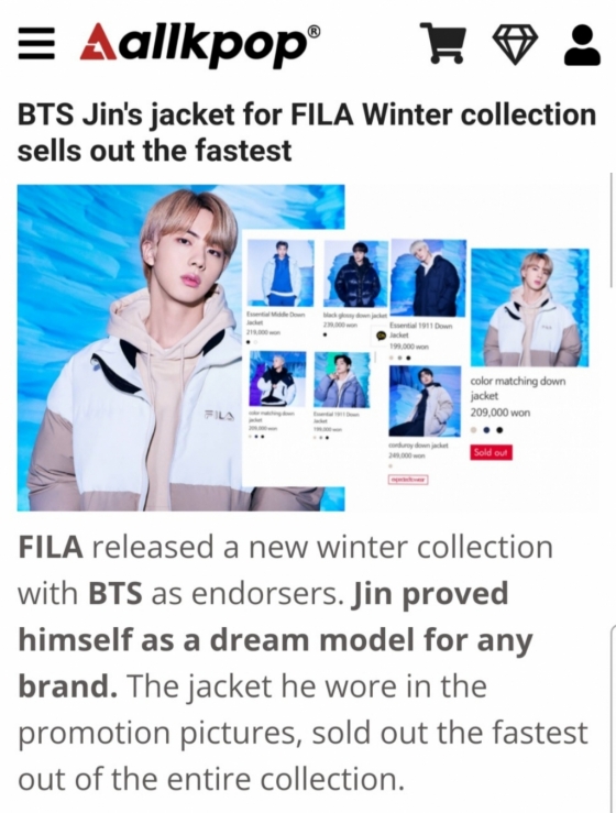 BTS Jin's jacket for FILA Winter collection sells out the fastest