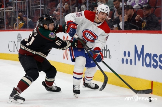 NHL 몬트리올의 로랑 도팽(오른쪽)과 애리조나의 다이신 마요가 지난 18일(한국시간) 경기에서 경합하고 있다.  /AFPBBNews=뉴스1