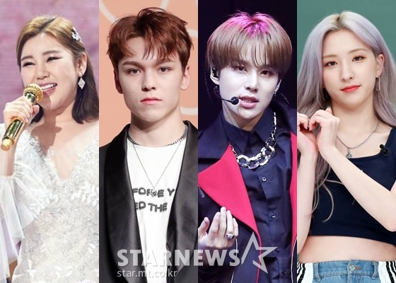 (왼쪽부터)송가인, 세븐틴 버논, NCT 정우, 우주소녀 은서 /사진=스타뉴스