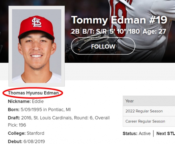 MLB 공식 홈페이지의 에드먼 프로필. 가운데 이름(빨간 원)에 '현수(Hyunsu)'가 적혀 있다. /사진=MLB.com 캡처