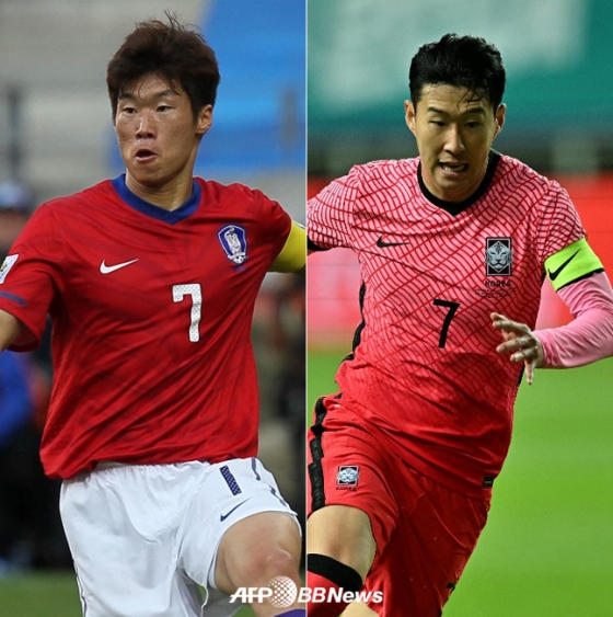 2010년 남아공 월드컵 당시 박지성(왼쪽)과 현 축구대표팀 주장 손흥민. /AFPBBNews=뉴스1