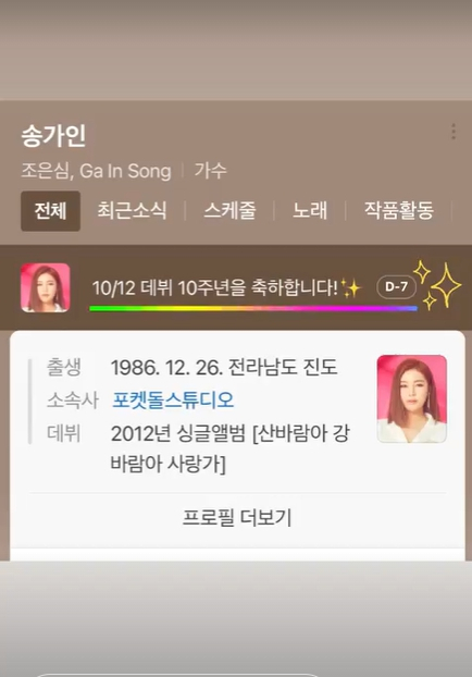 송가인이 데뷔 10주년 D-7을 알렸다./사진=송가인 인스타그램 스토리