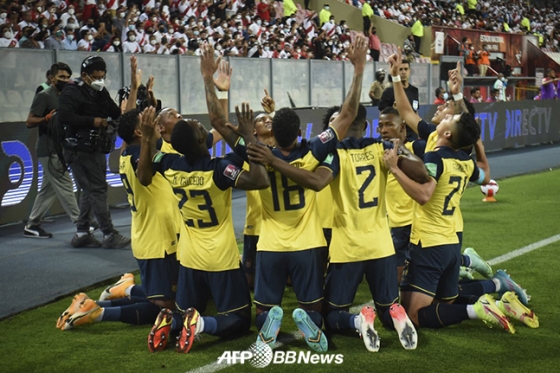 에콰도르 대표팀 선수들이 월드컵 예선에서 골을 넣은 뒤 세리머니를 펼치고 있다. /AFPBBNews=뉴스1
