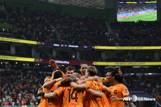 네덜란드 선수들이 22일 오전 1시(한국시간) 카타르 도하 알투마마 스타디움에서 열린 2022 FIFA(국제축구연맹) 카타르 월드컵 조별리그 A조 1차전 세네갈과의 경기에서 후반 추가시간 데이비 클라센의 골이 터지자 기뻐하고 있다. /AFPBBNews=뉴스1