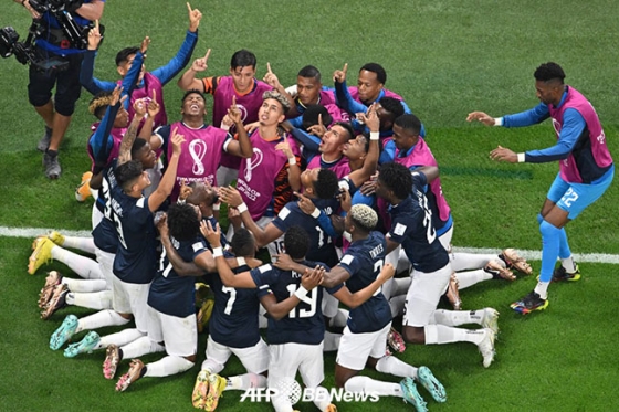 에콰도르 공격수 에네르 발렌시아가 26일 네덜란드전에서 골을 넣자 에콰도르 선수들이 단체로 골 세리머니를 펼치고 있다. /AFPBBNews=뉴스1