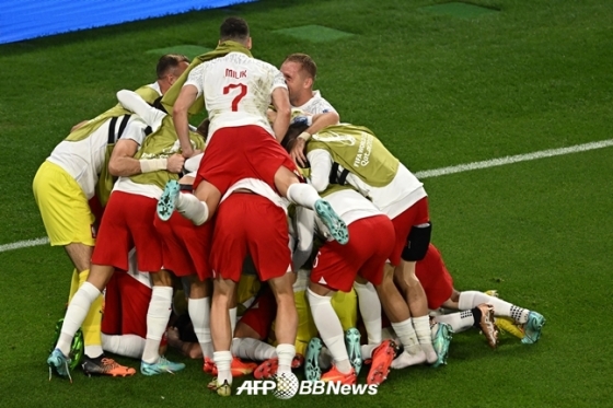득점 성공 후 기뻐하는 폴란드 축구 대표팀 선수들./AFPBBNews=뉴스1
