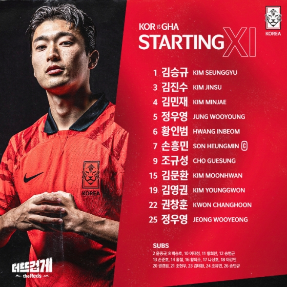 가나전 대한민국 선발 라인업. /사진=대한축구협회