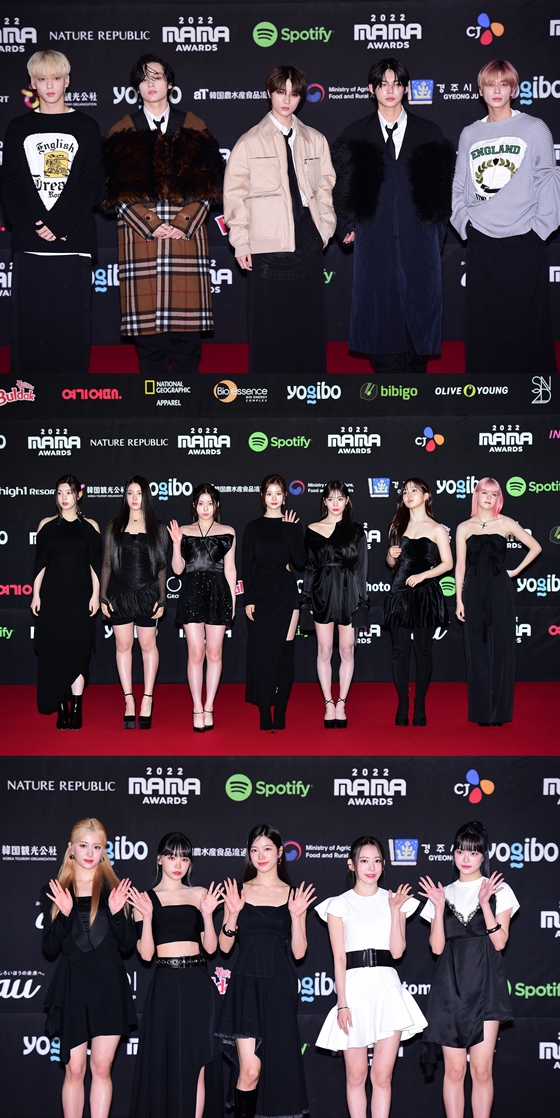 투모로우바이투게더(사진 맨 위부터 아래로), 엔믹스, 르세라핌이 &#039;2022 MAMA AWARDS&#039;에서 수상했다./사진=엠넷