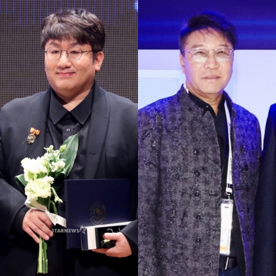 방시혁 하이브 의장(왼쪽)과 이수만 SM 전 총괄 프로듀서 /사진=스타뉴스 