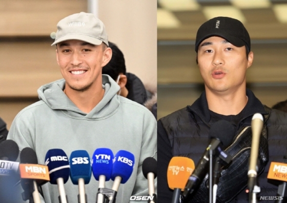1일 인천국제공항을 통해 입국한 에드먼(왼쪽부터)과 김하성이 취재진과 인터뷰를 하고 있다. /사진=OSEN, 뉴시스