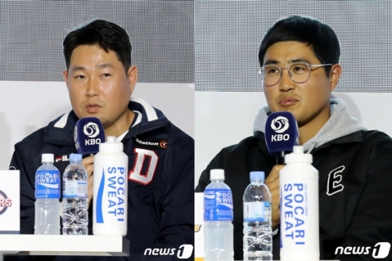 두산 양의지(왼쪽부터)와 한화 채은성이 30일 KBO 미디어데이에서 취재진의 질문에 답하고 있다. /사진=OSEN