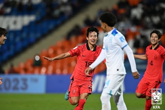 박승호가 26일 온두라스전에서 골을 넣고 기뻐하고 있다. /사진=대한축구협회