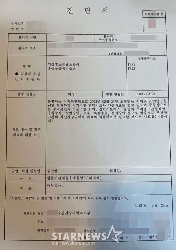 성폭력범죄처벌등에관한특례법 위반(카메라 등을 이용한 촬영·반포) 혐의를 받는 래퍼 뱃사공으로부터 피해를 입은 A씨의 진단서 /사진=스타뉴스