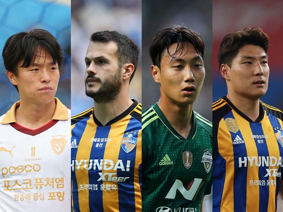 왼쪽부터 고영준, 바코, 백승호, 주민규. 이 4명은 5월 이달의 선수상 후보에 올랐다. /사진=한국프로축구연맹 제공
