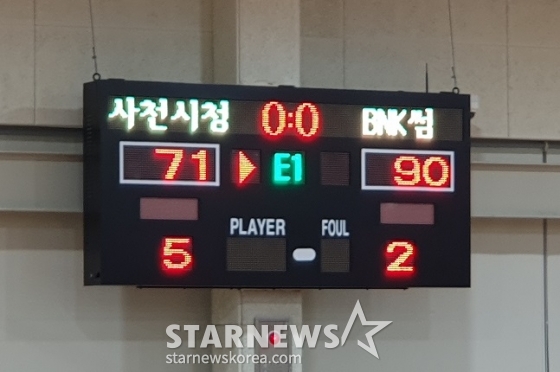 26일 부산 BNK-사천시청 농구단의 연습경기 최종 스코어보드. /사진=양정웅 기자