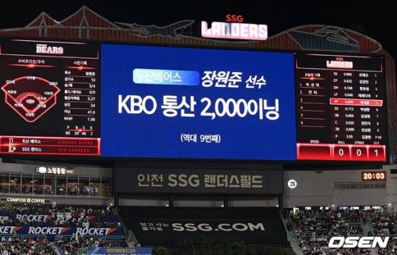 장원준의 2000이닝 달성을 축하하는 메시지가 전광판에 나오고 있다.