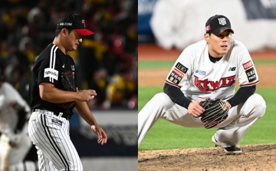 지난 10일 열린 2023 KBO 한국시리즈 3차전에서 홈런을 허용했던 LG 고우석(왼쪽)-KT 김재윤. /사진=OSEN