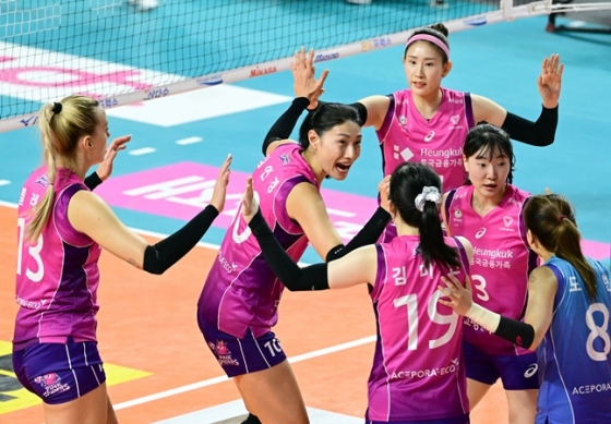 흥국생명 김연경(왼쪽에서 2번째)이 14일 IBK기업은행전에서 득점 후 동료들과 함께 기뻐하고 있다. /사진=KOVO