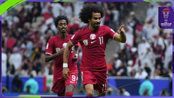 카타르 공격수 아피프(오른쪽). /사진=2023 아시아축구연맹(AFC) 아시안컵 공식 사회관계망서비스(SNS)