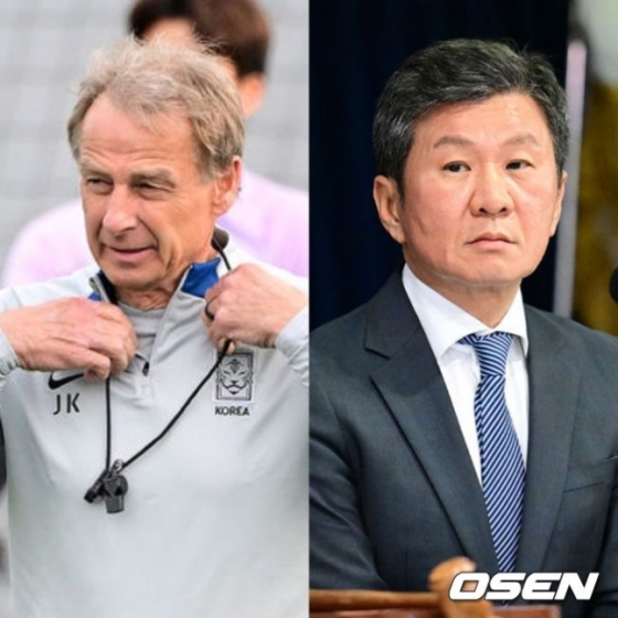 위르겐 클린스만 한국 축구대표팀 감독(왼쪽)과 정몽규 대한축구협회 회장. 