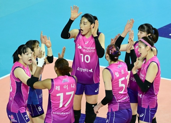 흥국생명 선수들이 1일 인천 삼산월드체육관에서 열린 도드람 2023~2024 V리그 여자부 김천 도로공사와 홈경기에서 득점 후 기뻐하고 있다. /사진=KOVO